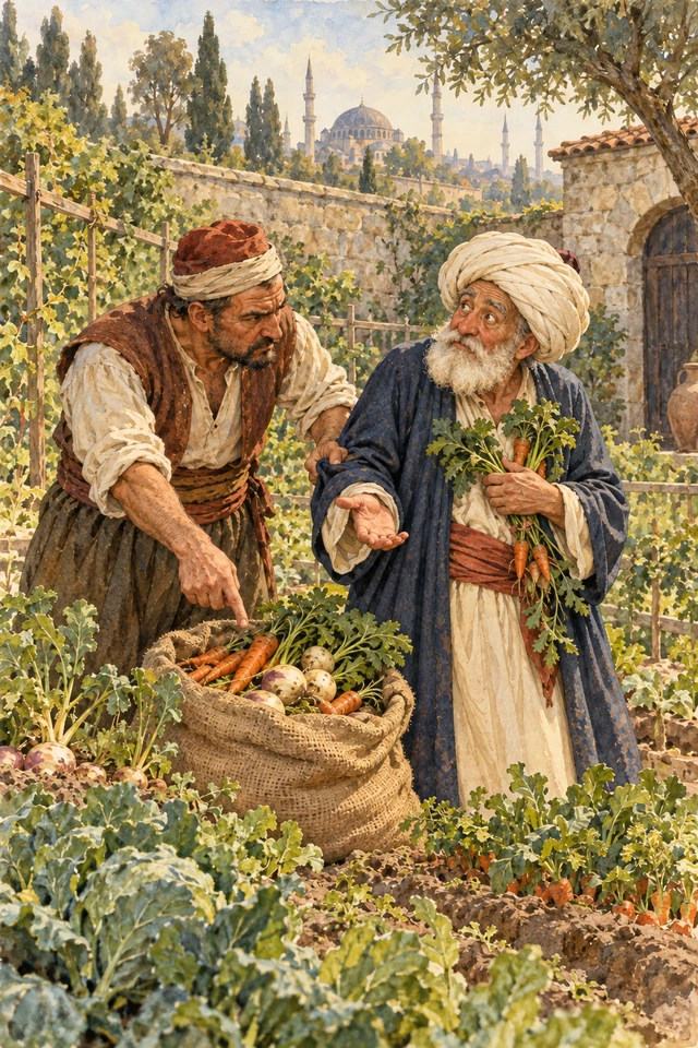 Nasrudín intenta explicar al hortelano las verduras que lleva en un saco y entre la ropa.