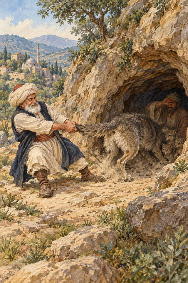 Nasrudín sujeta la cola de un lobo a la entrada de la cueva mientras Ahmed recibe el polvo adentro.
