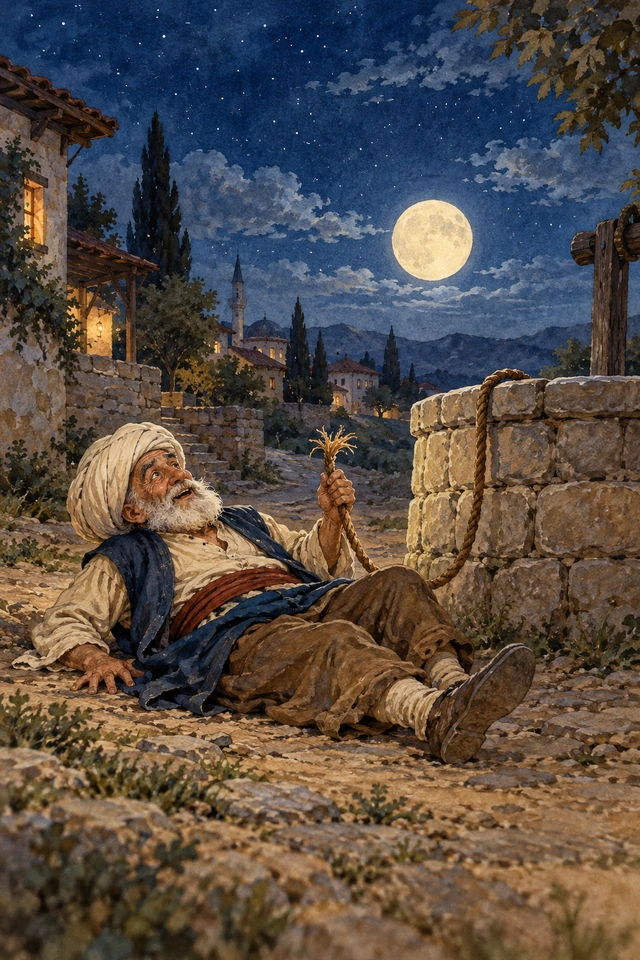 Nasrudín, caído de espaldas junto al pozo con la cuerda rota, mira la luna en el cielo.