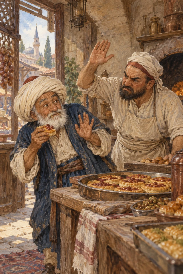 Nasrudín come una tarta mientras el pastelero enfadado levanta la mano.