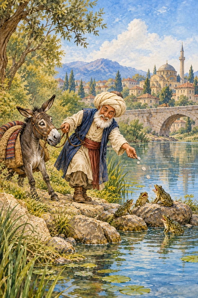 Nasrudín arroja monedas a las ranas junto a su burro en la orilla de una laguna.