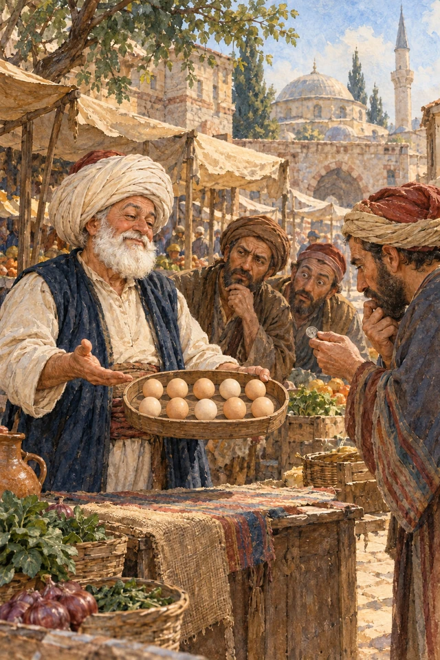 Nasrudín ofrece diez huevos por una moneda ante un comprador y sus amigos.