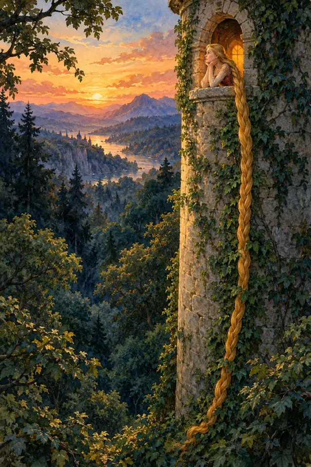Rapunzel mira desde una torre y su larga trenza dorada cae entre la hiedra.