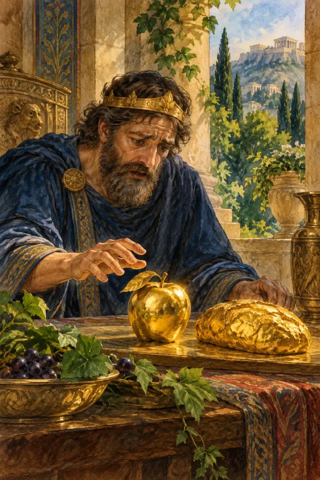 El rey Midas contempla una manzana y un pan convertidos en oro.