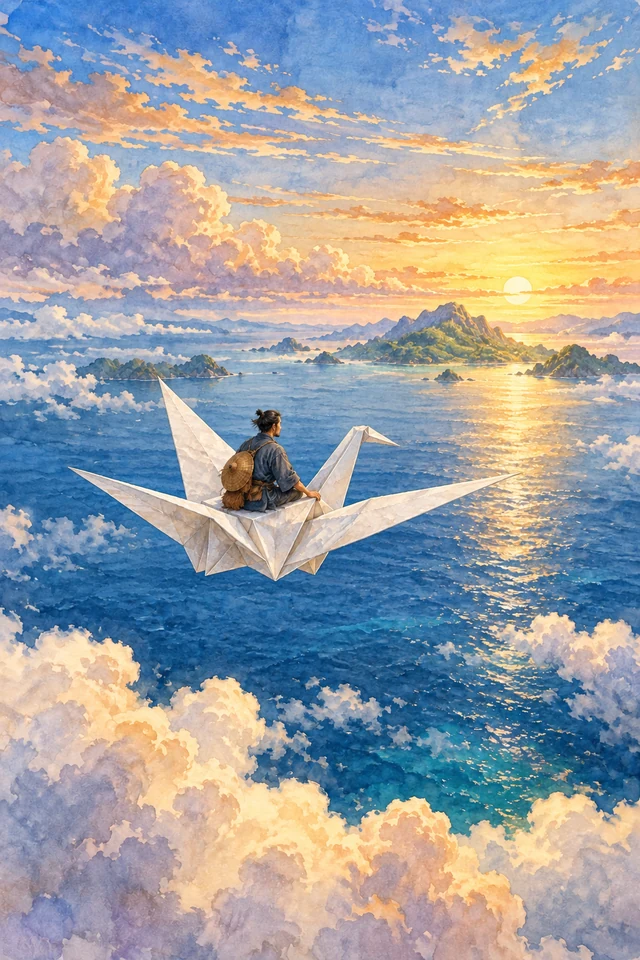 Sentaro viaja sobre una enorme grulla de papel hacia una isla lejana.