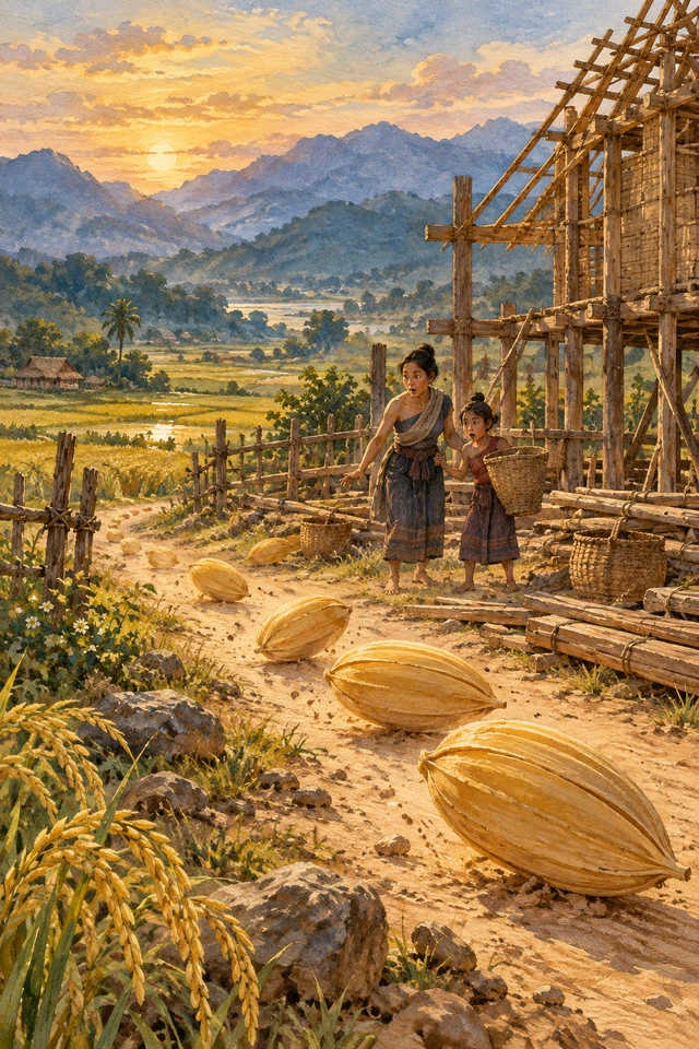 Granos enormes de arroz llegan solos hasta el granero que una viuda y su hija todavía están construyendo.