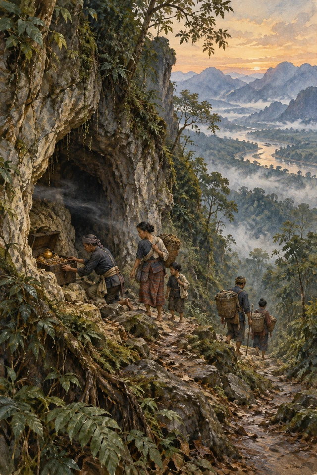 Viajeros dejan un cofre con sus riquezas en una cueva del bosque antes de continuar hacia el sur.