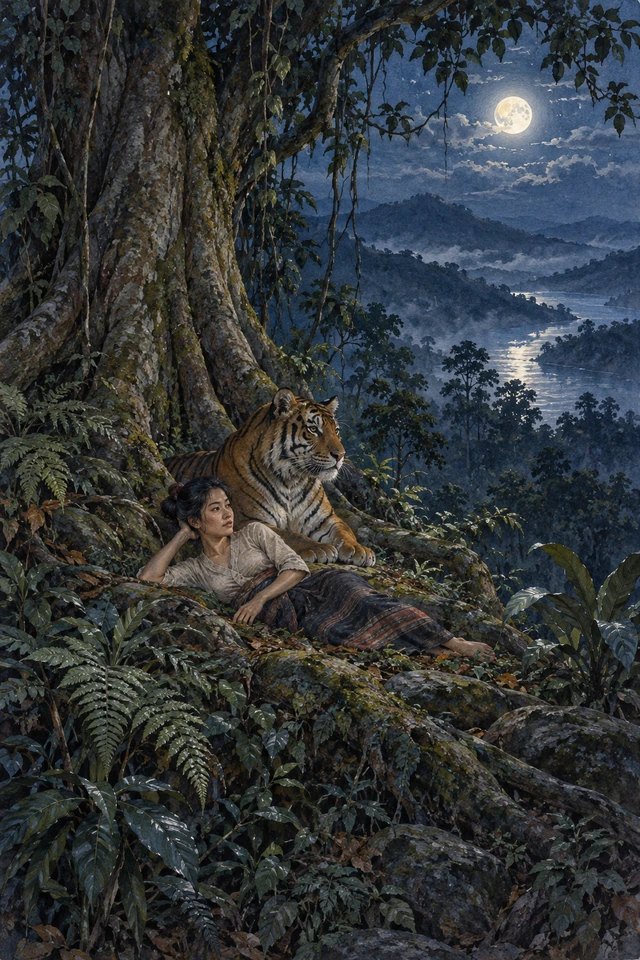 Una joven descansa bajo un árbol mientras un tigre vela junto a ella a la luz de la luna.