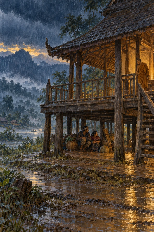 Una pareja se refugia bajo un templo elevado mientras cae una lluvia intensa.