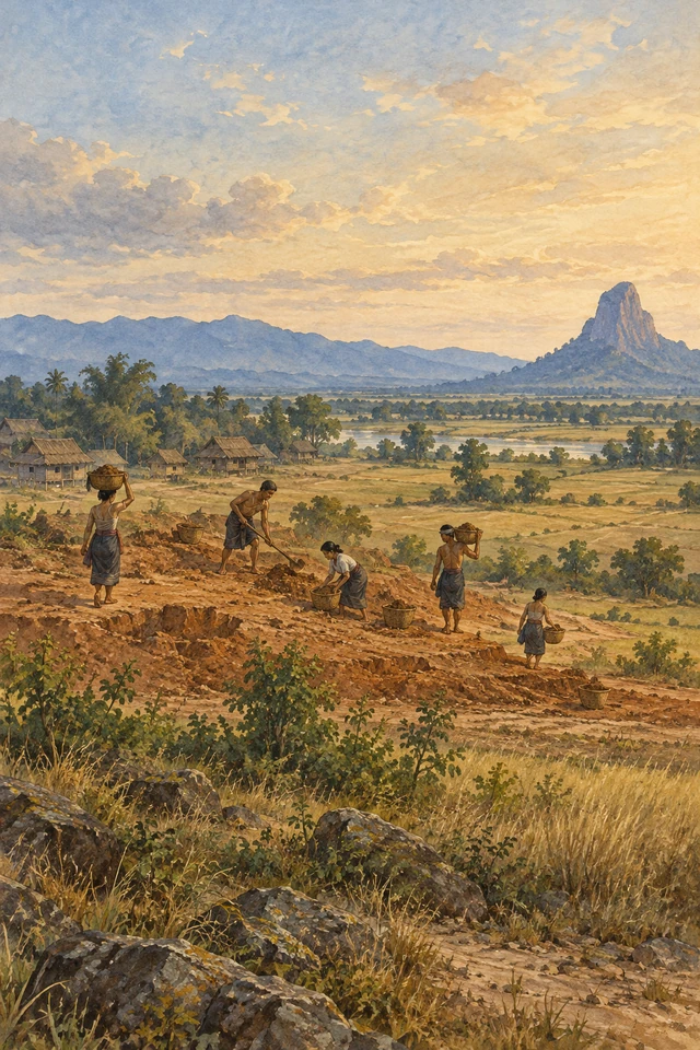 Habitantes llevan pequeñas cargas de tierra hacia un montículo; a lo lejos queda la montaña abandonada por los gigantes.