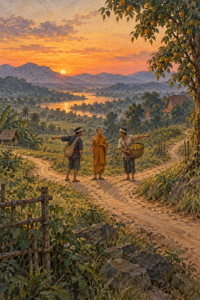 Dos hombres señalan caminos opuestos ante un religioso, junto a una canasta y un pañuelo llenos de fruta.