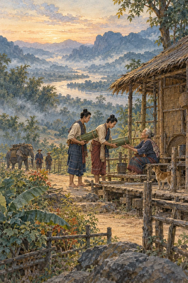 Los dos hermanos entregan a la viuda dos grandes trozos de bambú que guardan oro en su interior.