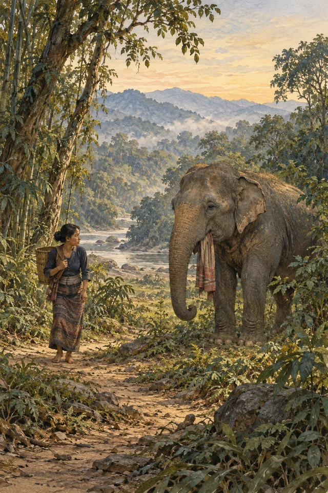 Un elefante protege a las hermanas; un borde de tela asoma por su boca mientras una mujer lo observa.