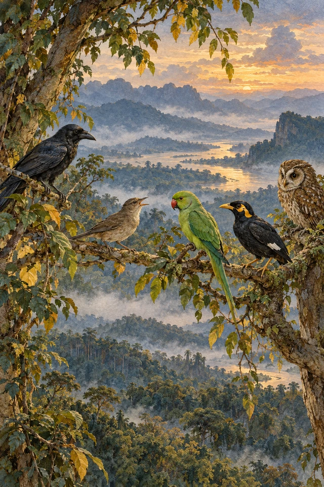 Un pájaro sao habla con un loro y un miná, ante un cuervo y un búho, entre ramas del bosque.