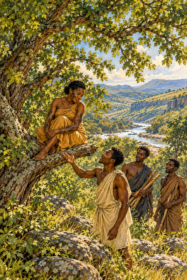 El hermano reconoce a la joven refugiada en el árbol mientras dos compañeros esperan entre los troncos.