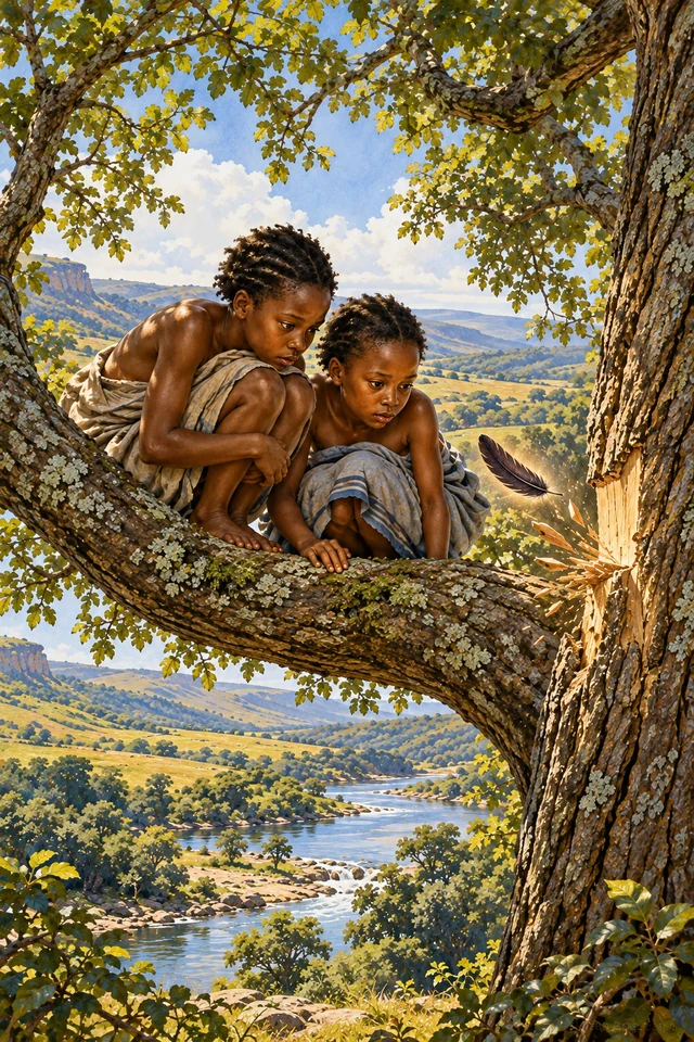 Las hermanas observan desde el árbol cómo una pluma mantiene unido el tronco.
