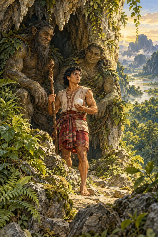 Tomarind sostiene el bastón y la bola de mármol ante los dos guardianes de la cueva.