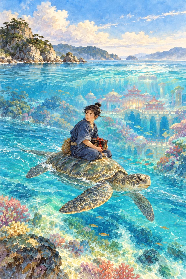 Urashima vuelve hacia la costa sobre una tortuga marina, con una caja de laca atada con un cordón rojo.