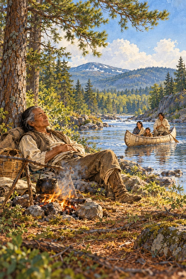 El anciano duerme junto al fuego que preparó mientras la familia llega en canoa por el río.