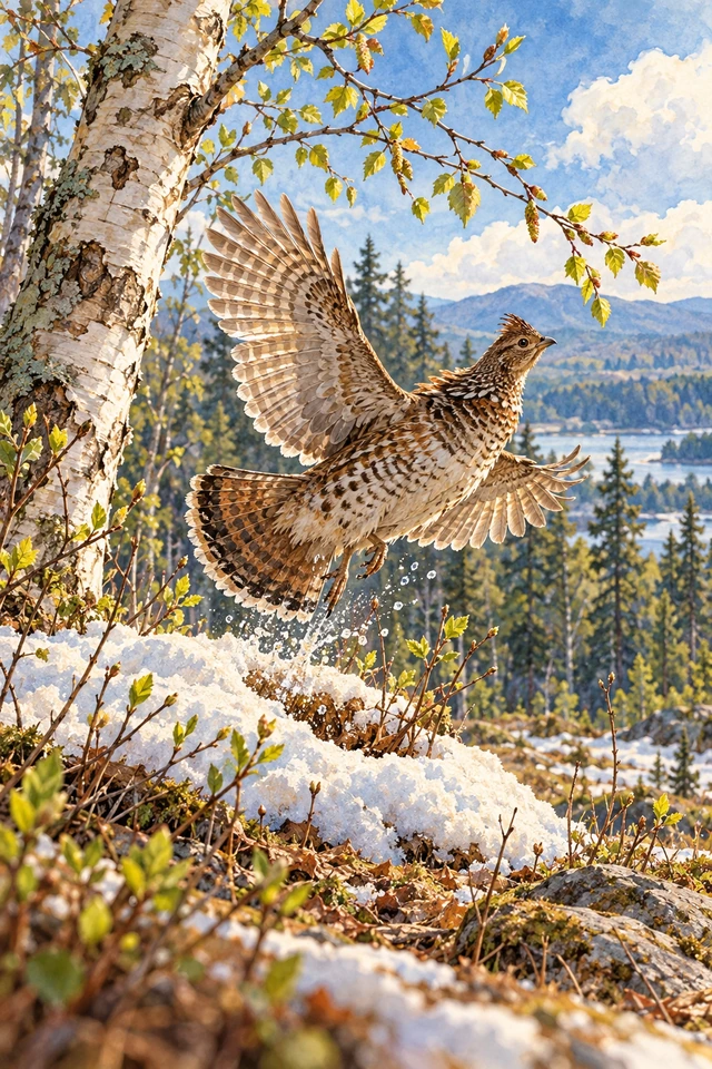 Una perdiz sale de un montículo de nieve que se derrite y vuela hacia los brotes de un abedul.