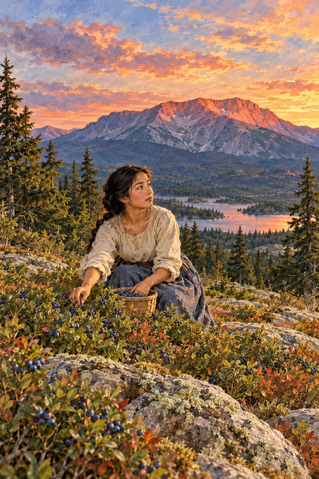 Una joven recoge arándanos y contempla la cima del monte Katahdin iluminada por el sol rojo.