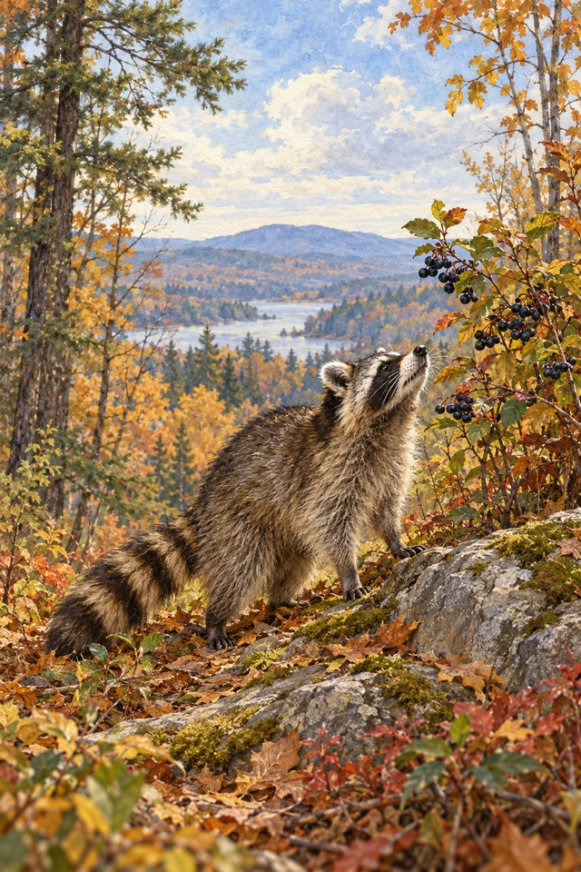 El Mapache Lox mira unas bayas oscuras que crecen junto a una roca áspera del bosque.