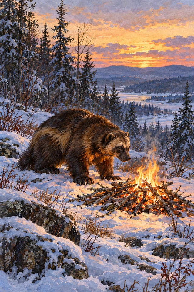 Lox, en forma de glotón, se calienta junto a una pequeña hoguera en el paisaje nevado.