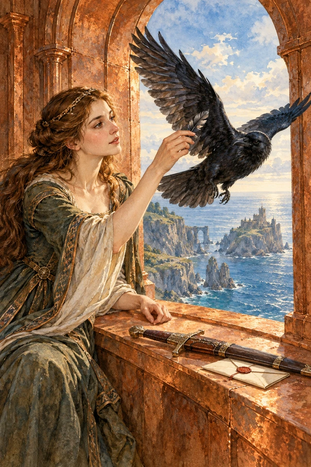 La princesa toma una pluma del estudiante convertido en cuervo, junto a una ventana del castillo de cobre.