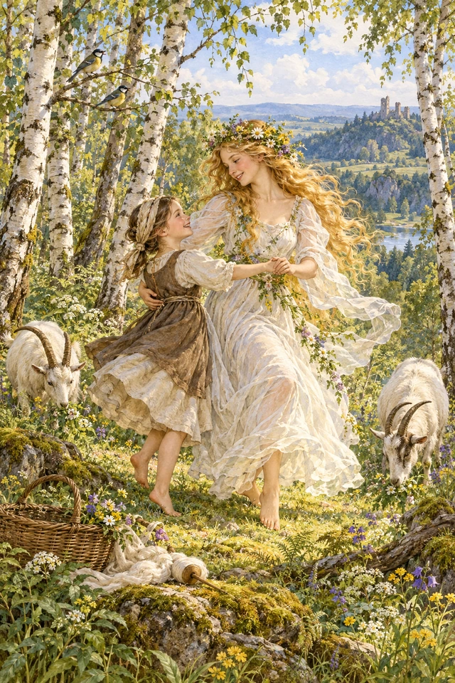 Betty baila con la dama de cabellos dorados entre abedules, dos cabras y pájaros del bosque.