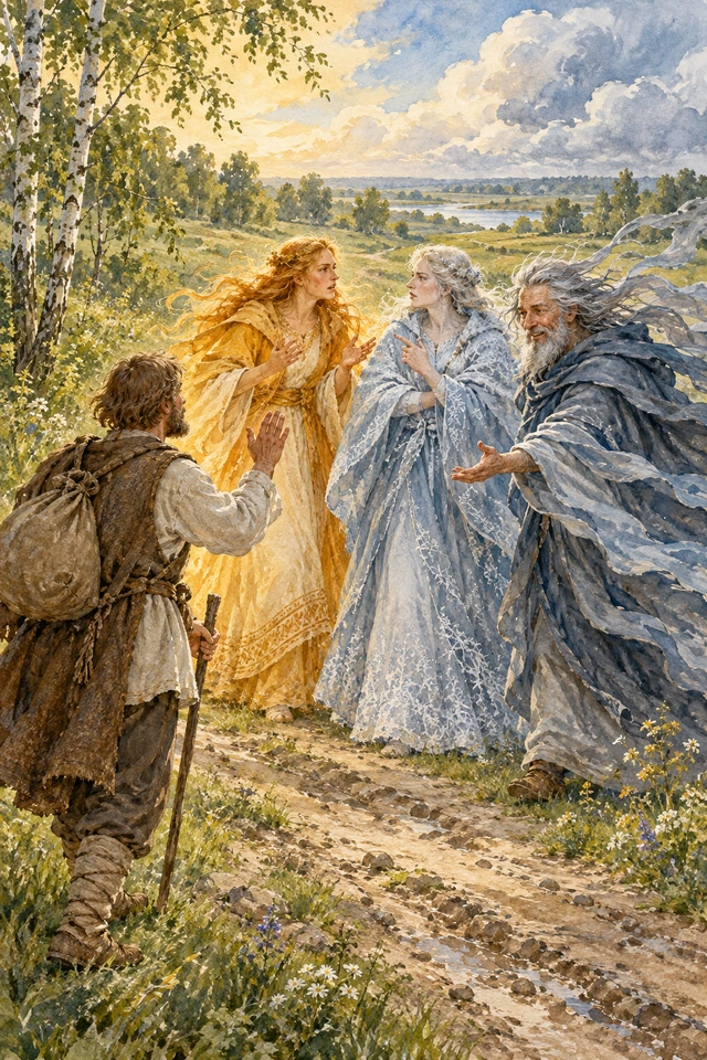 Un caminante saluda al Viento mientras el Sol y la Helada discuten a su lado.