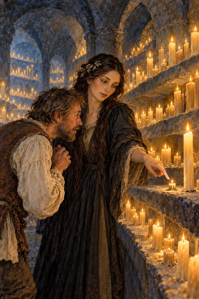 La Muerte, con aspecto de mujer, muestra al padre las velas de distintas vidas en una cámara subterránea.