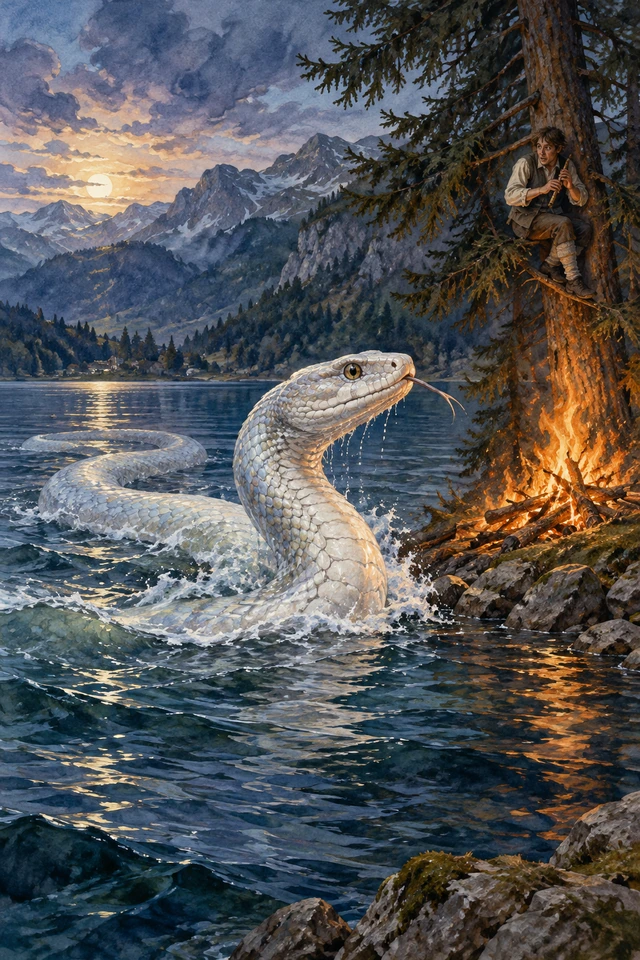 Una enorme serpiente blanca cruza el lago hacia el abeto en llamas donde un hombre sostiene su flauta.