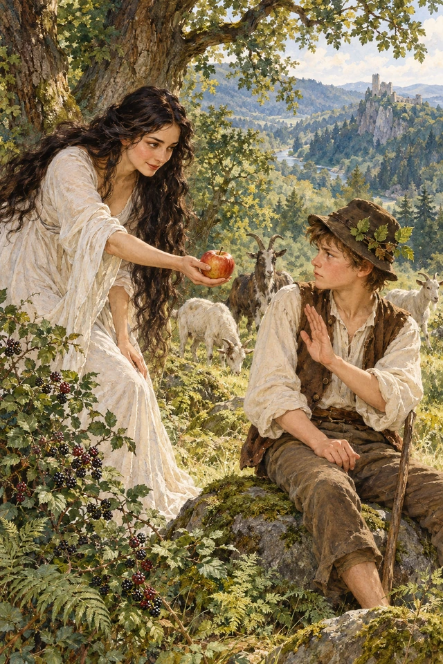Una jezinka vestida de blanco ofrece una manzana a Juanito, que la rechaza entre las cabras del bosque.